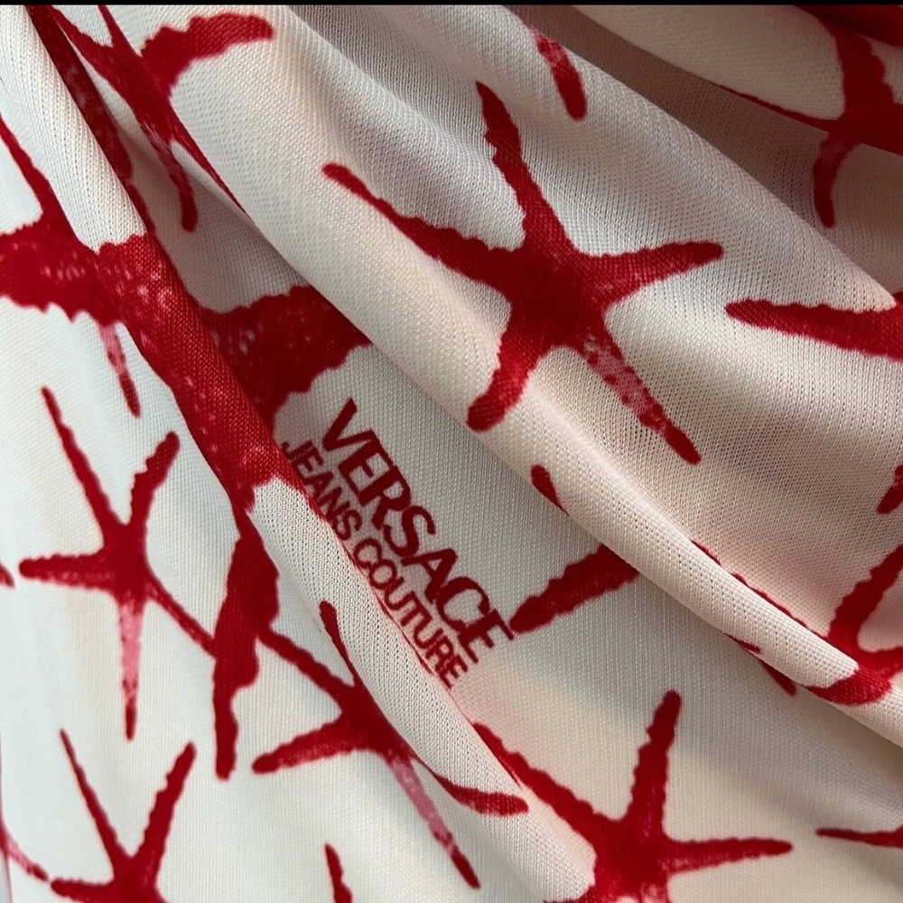 Versace Red and White Cowl Neck Sheath Midi Dress - Picture 2 of 16